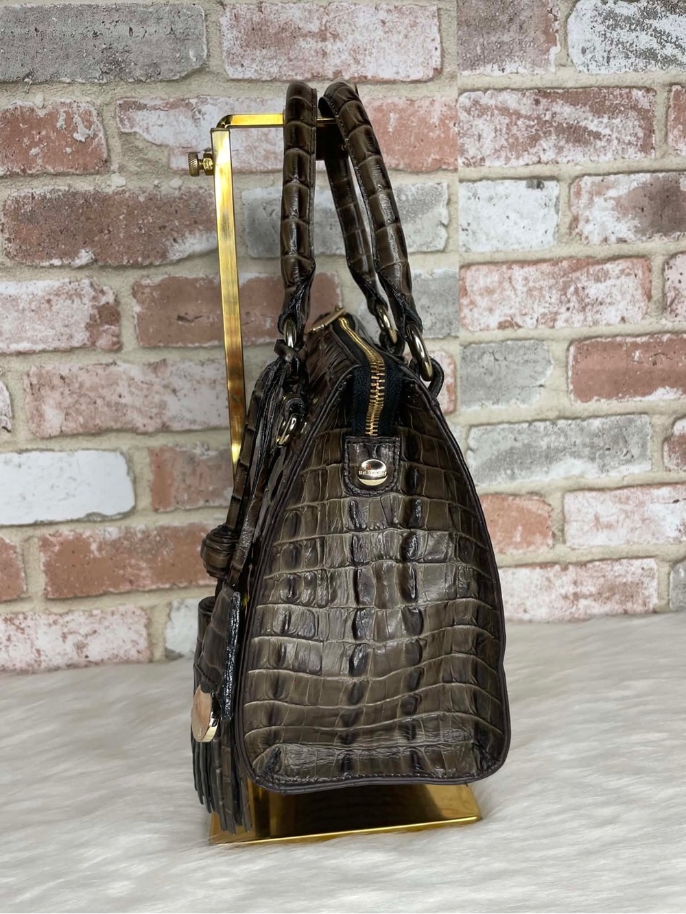 Brahmin Brown Croc-Embossed Leather Tote Bag with Tassel Charm - Picture 4 of 14